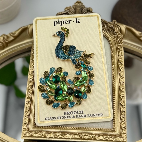 Piper K Peacock Brooch – Hand Painted with Glass Stones - Picture 1 of 6